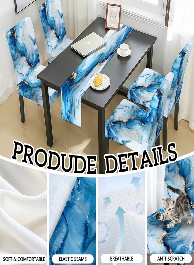 MCALK Blue Chair Covers Set of 4 and Table Runner,Stretch Marble Print Chair Slipcovers for Kitchen,Washable Removable Chair Protector Modern Chair Covers for Dining Room - Image 2